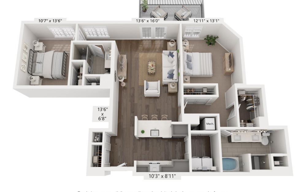 A - 2 bedroom floorplan layout with 2 bathrooms and 1369 square feet