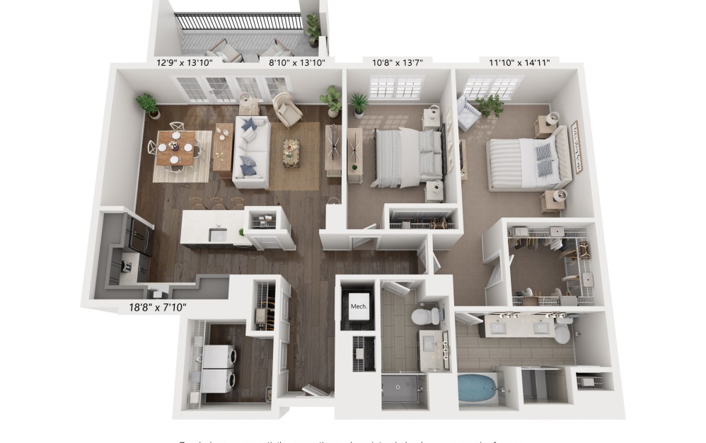 B - 2 bedroom floorplan layout with 2 bathrooms and 1452 square feet