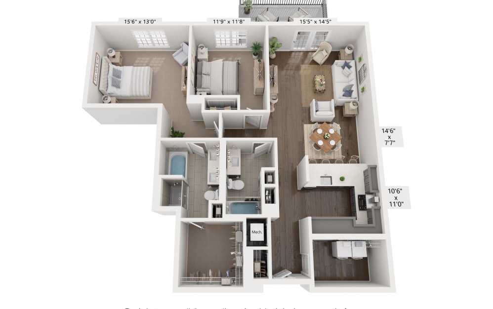 C - 2 bedroom floorplan layout with 2 bathrooms and 1510 square feet