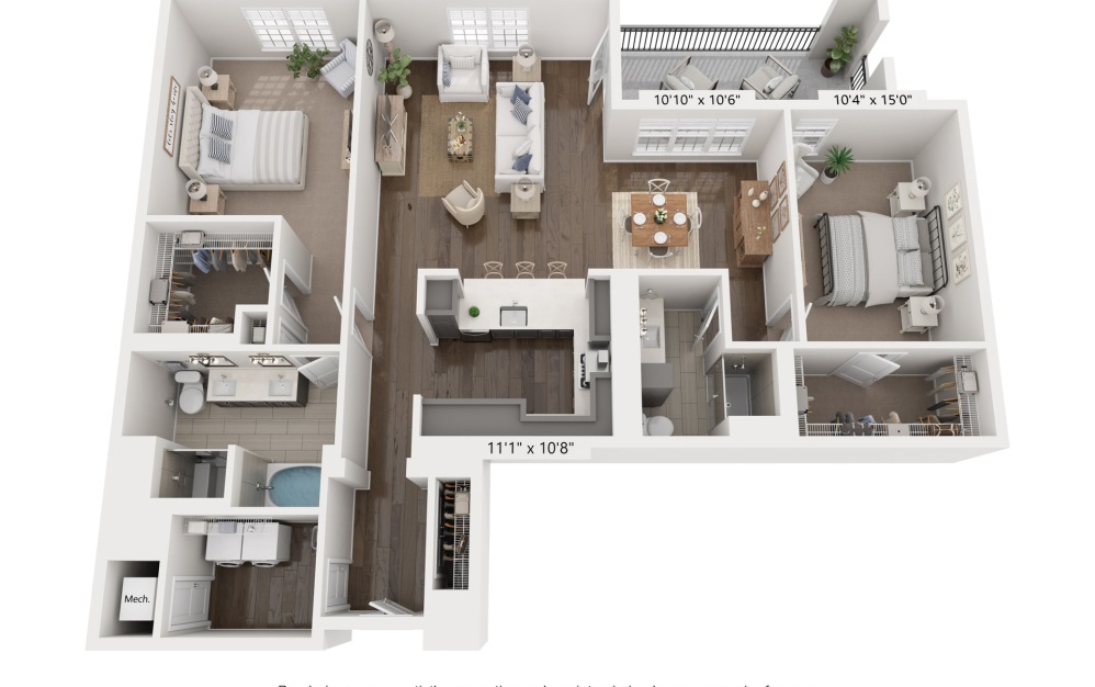 D - 2 bedroom floorplan layout with 2 bathrooms and 1607 square feet