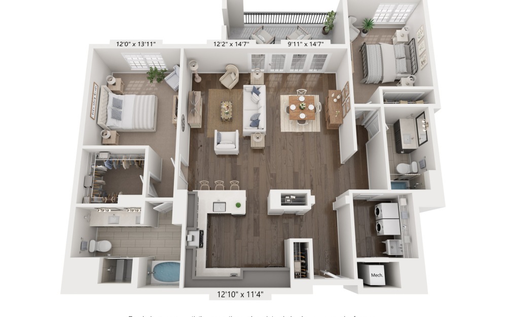 E - 2 bedroom floorplan layout with 2 bathrooms and 1636 square feet