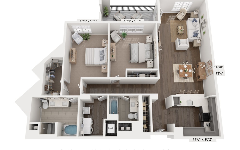 F - 2 bedroom floorplan layout with 2 bathrooms and 1706 square feet