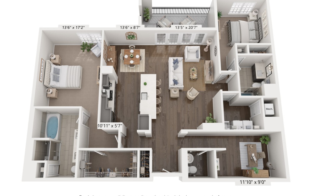 H - 2 bedroom floorplan layout with 2.5 bathrooms and 1851 square feet