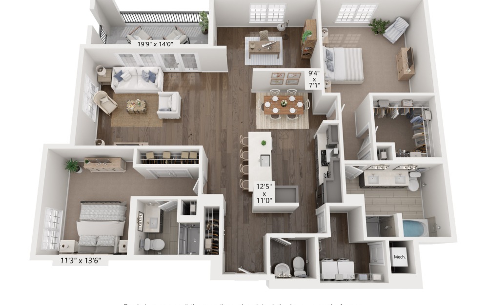 I - 2 bedroom floorplan layout with 2.5 bathrooms and 1809 square feet