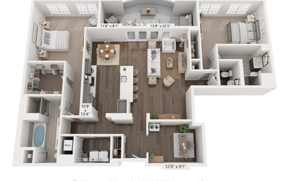 J - 2 bedroom floorplan layout with 2.5 bathrooms and 1964 square feet