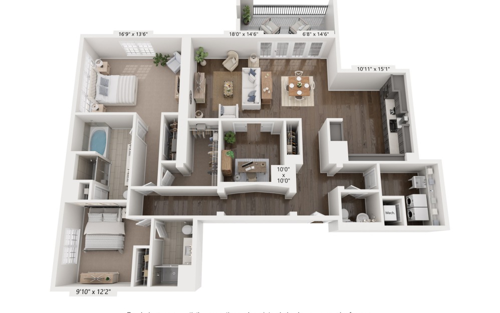 K - 2 bedroom floorplan layout with 2.5 bathrooms and 2004 square feet
