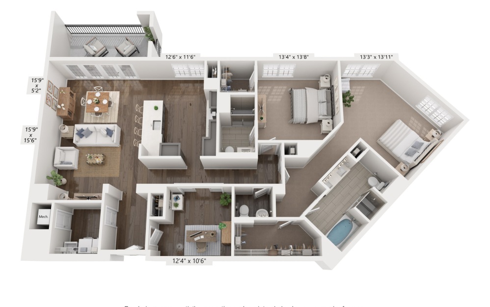 L - 2 bedroom floorplan layout with 2.5 bathrooms and 2008 square feet