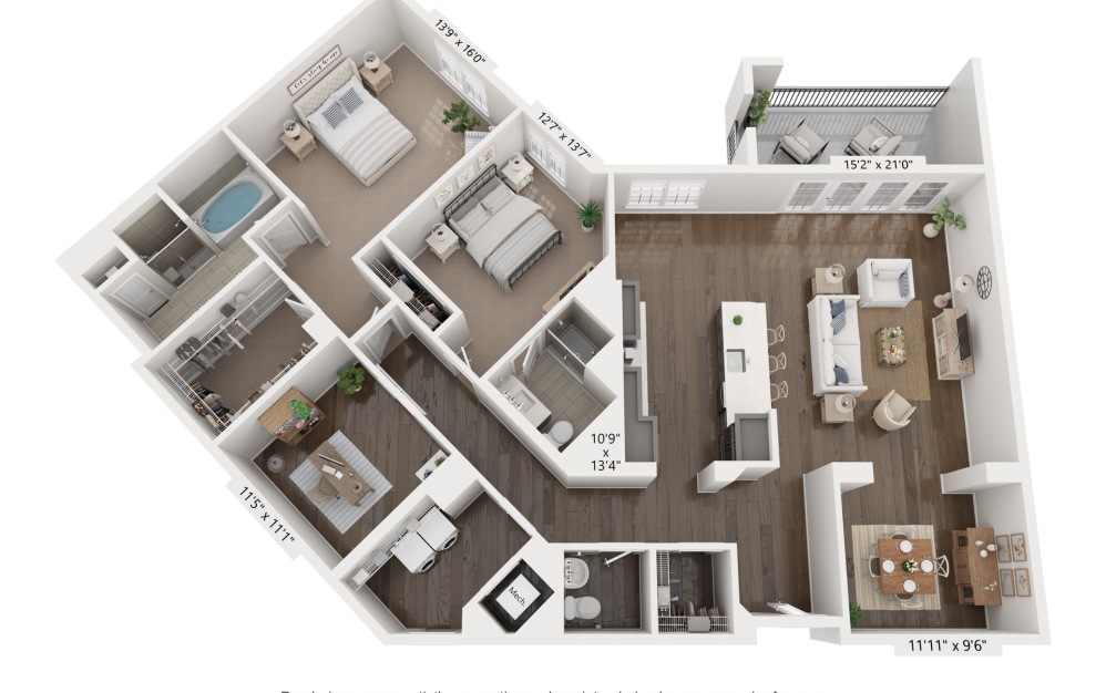 M - 2 bedroom floorplan layout with 2.5 bathrooms and 2114 square feet
