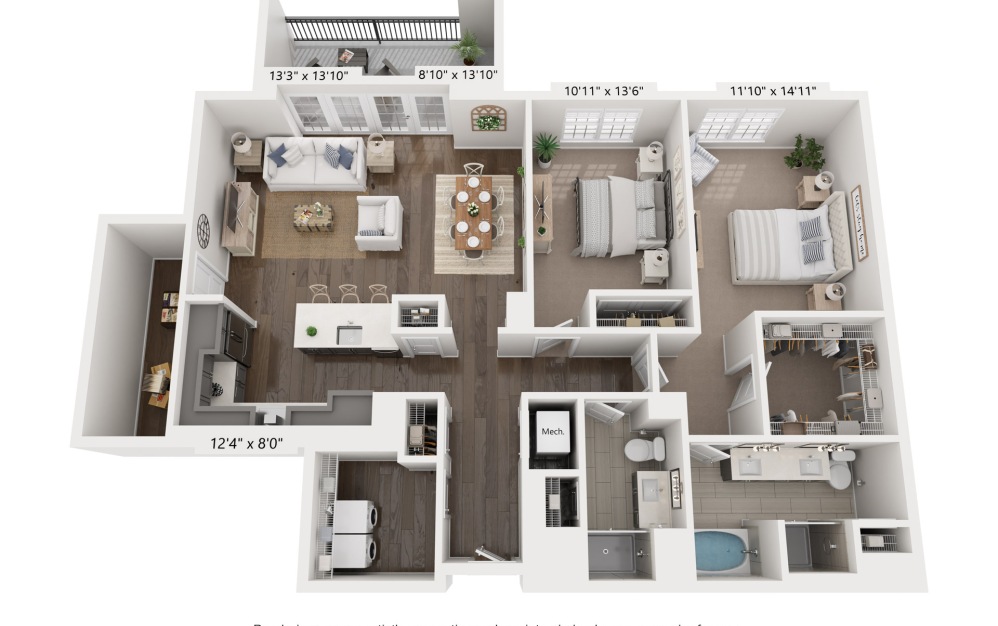 N - 2 bedroom floorplan layout with 2 bathrooms and 1516 square feet