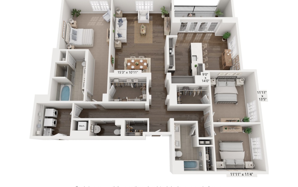 P - 3 bedroom floorplan layout with 2.5 bathrooms and 2296 square feet